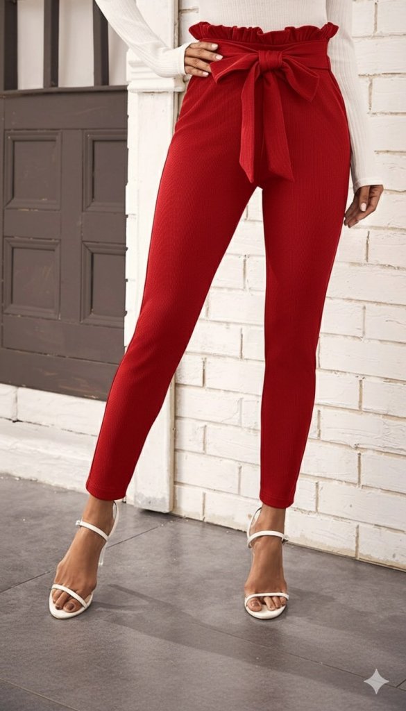 Women's High Waist Ruffled Waist Tie-Front Imported Crepe Trousers