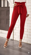 Women's High Waist Ruffled Waist Tie-Front Imported Crepe Trousers