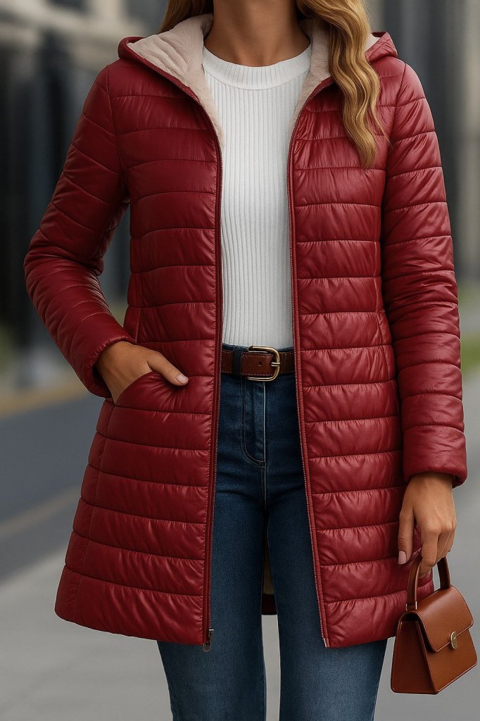 Women's Long Sleeve Hooded Pocket Detail Zipper Mid-Length Coat