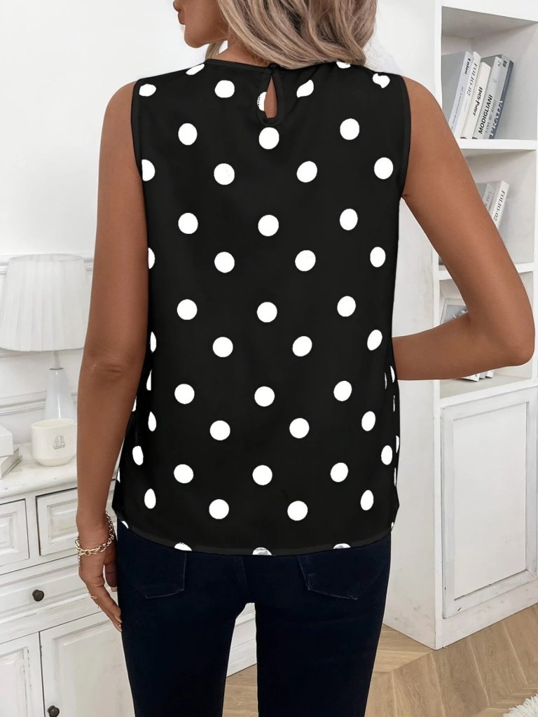 Women's Sleeveless Ruched Collar Polka Dot Satin Blouse