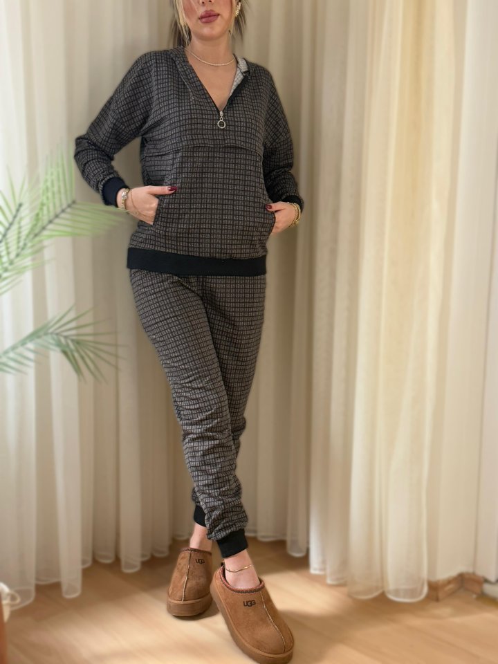 Women's Two-Thread Fabric Zipper Detail Hooded Two-Piece Set