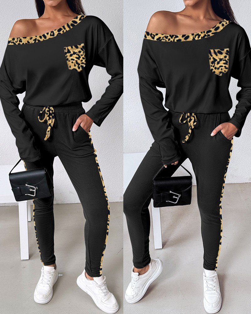 Women's Long Sleeve Leopard Detail Viscose Two-Thread Two-Piece Set