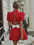 Women's Short-Sleeve Mock Neck Short Satin Dress with Butterfly Cut-out Back