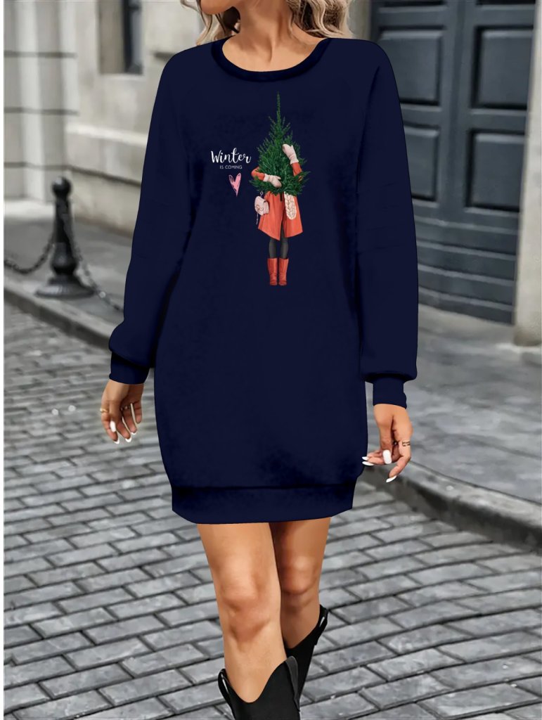 Women's Long Sleeve Crew Neck Patterned Short Viscose Double Thread Dress