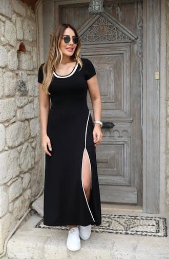 Women's Round Ribbed Neck White Slit Detail Viscose Full Length Dress