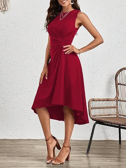 Women's Sleeveless Crew Neck Gathered Asymmetrical Hem Shimmer Crepe Dress