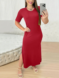 Women's Short Sleeve Crew Neck Side Slit Viscose Dress