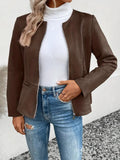 Women's Long Sleeve Round Neck Front Zip Suede Jacket