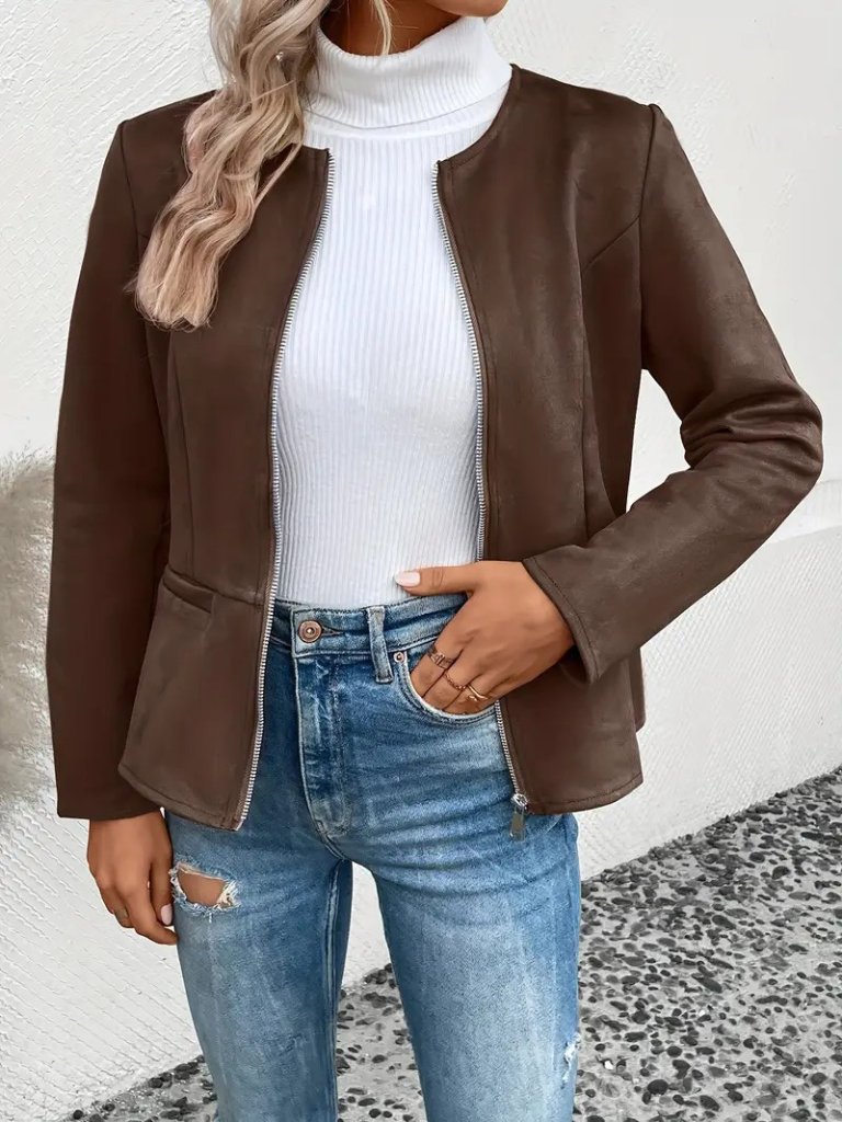 Women's Long Sleeve Round Neck Front Zip Suede Jacket