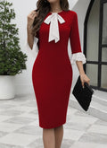 Women's Imported Crepe Midi Dress with Trumpet Sleeves and Bow Collar