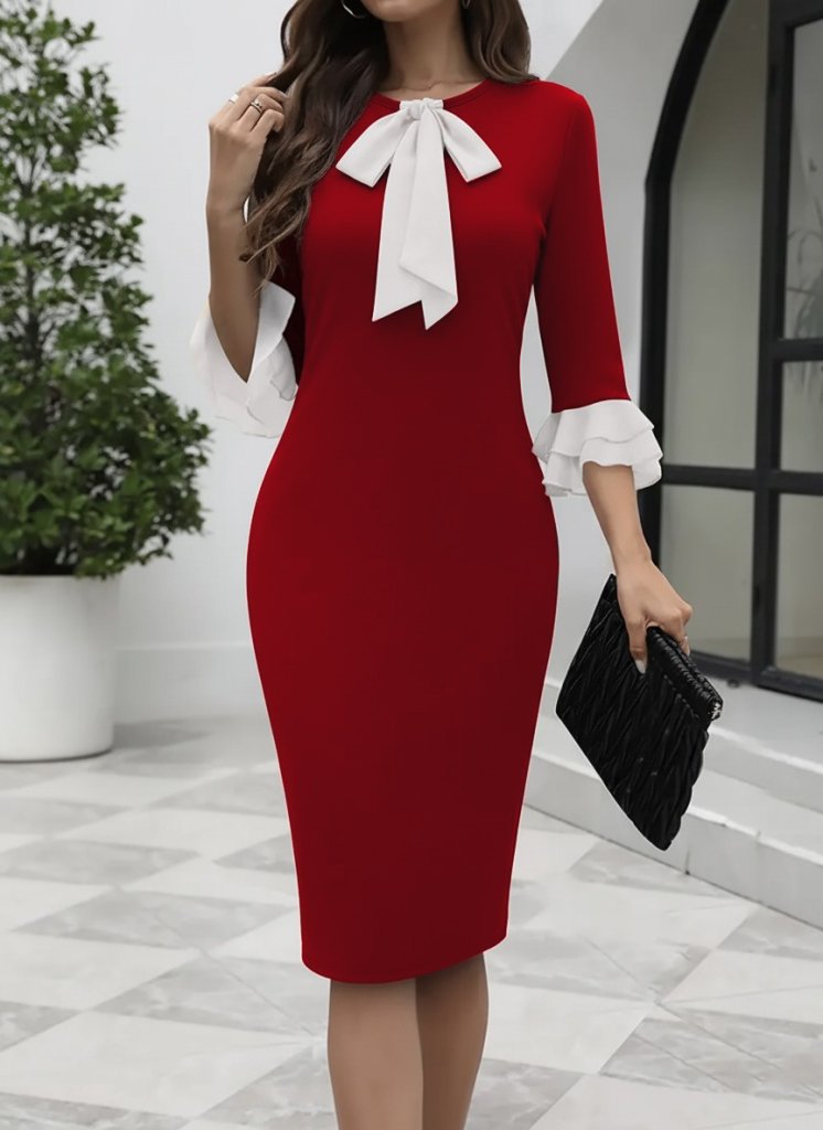 Women's Imported Crepe Midi Dress with Trumpet Sleeves and Bow Collar