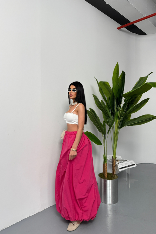 ELASTIC WAIST BALLOON SKIRT CHANEL LENGTH SOFT FABRIC - Fuchsia