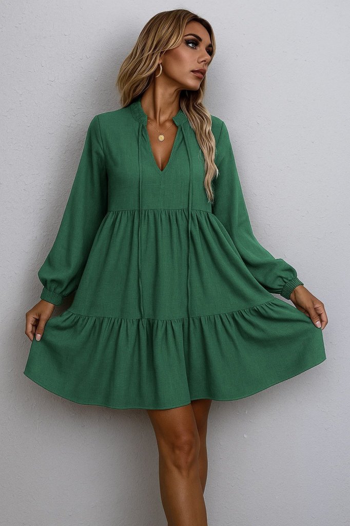 Women's Long Sleeve Tie-Neck Ruffled Linen Mini Dress