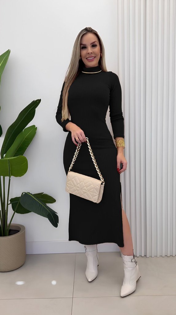 Women's Long Sleeve Turtleneck Ribbed Knit Side Slit Maxi Dress