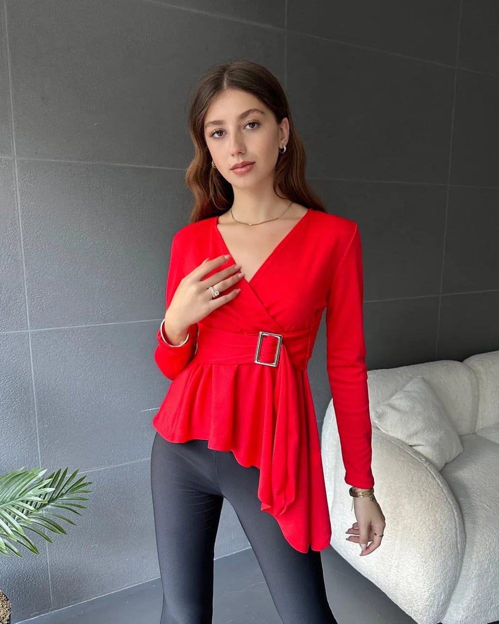 Women's Wrap Neck Belt Detail Asymmetrical Hem Blouse