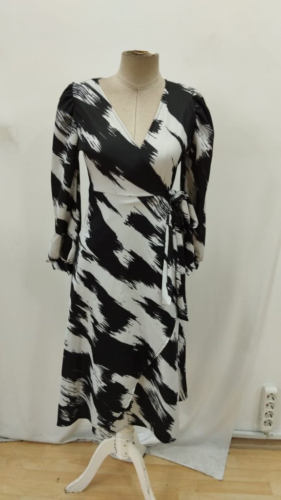 Women's Long Sleeve Wrap V-Neck Side Tie Patterned Mini Modal Dress