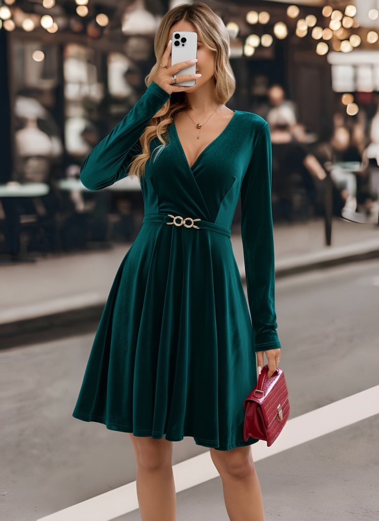Women's Long Sleeve Wrap Collar Buckle Detail Mini Velvet Dress