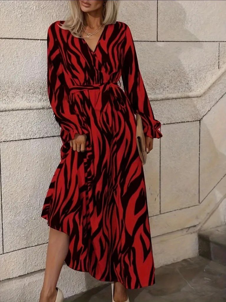 Women's Long-Sleeve Wrap Collar Belted Zebra Print Supremax Maxi Dress