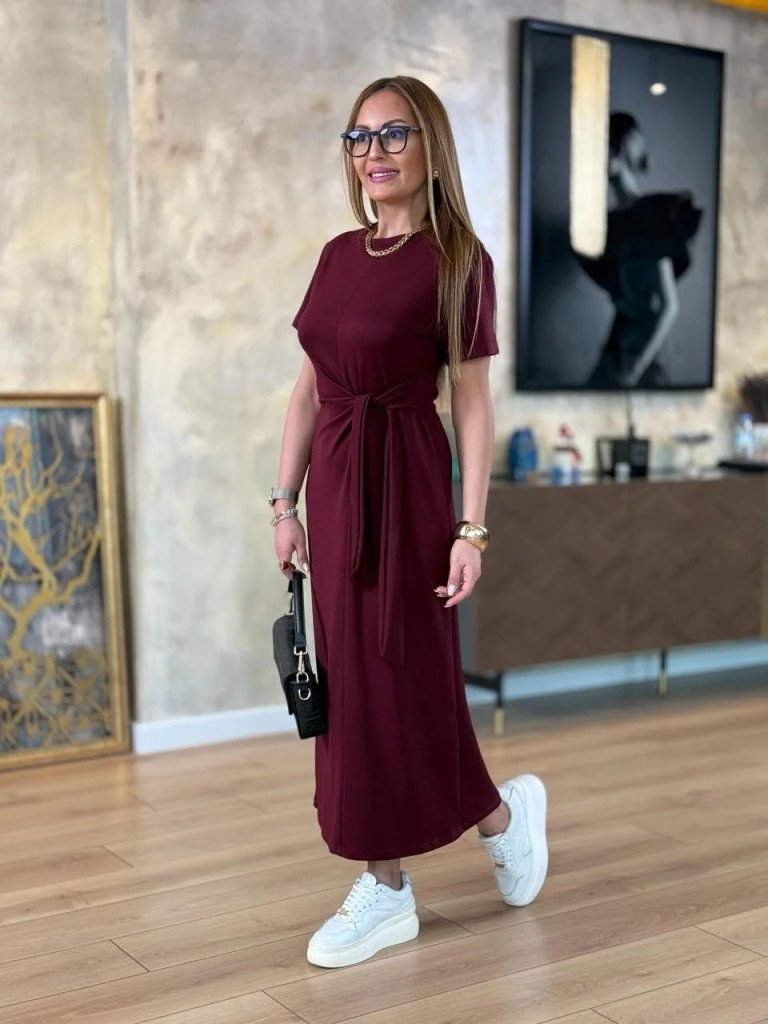 Women's Short-Sleeved Crew Neck Side Tie Viscose Two-Thread Dress