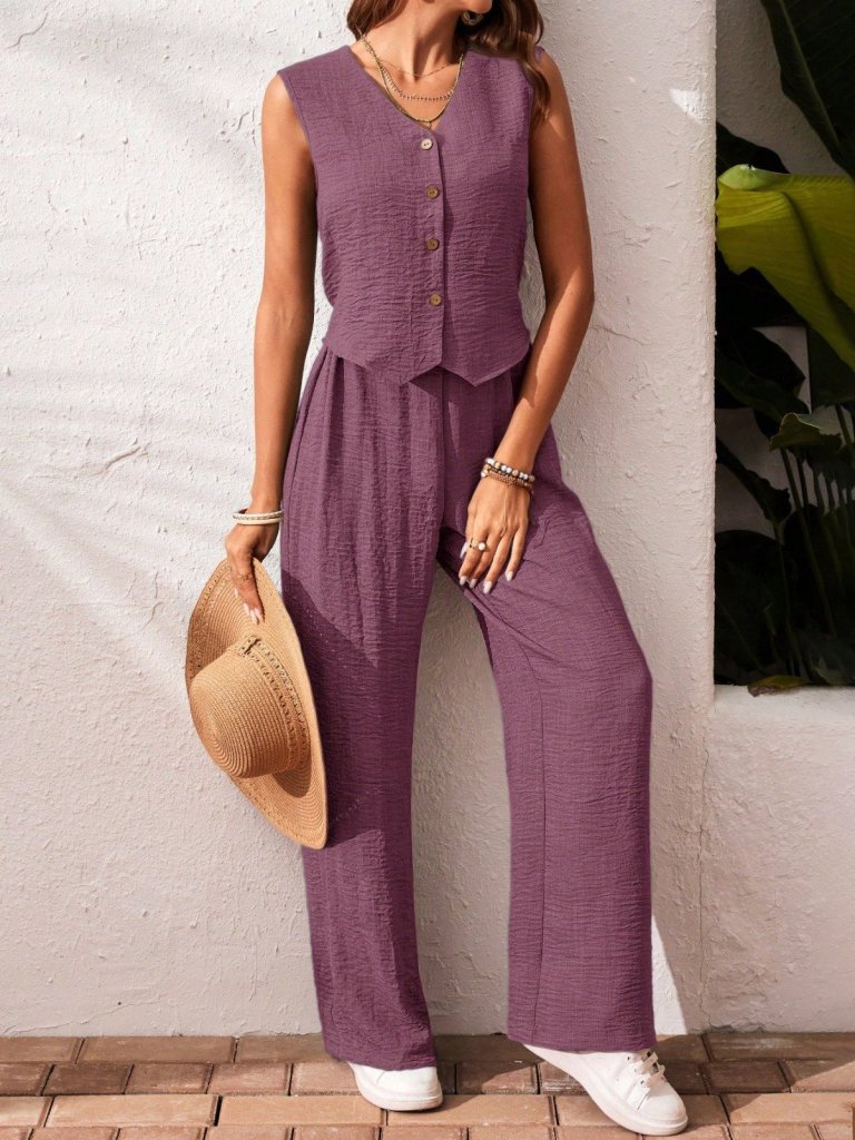 Women's Sleeveless Button-Up Vest and Wide-Leg Pants Crinkle Two-Piece Set