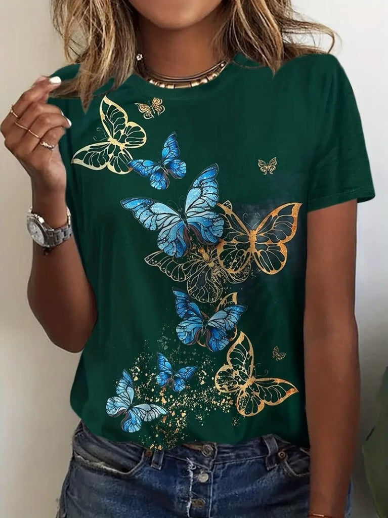 Women's Short Sleeve Blue Yellow Butterfly Print Supreme Blouse