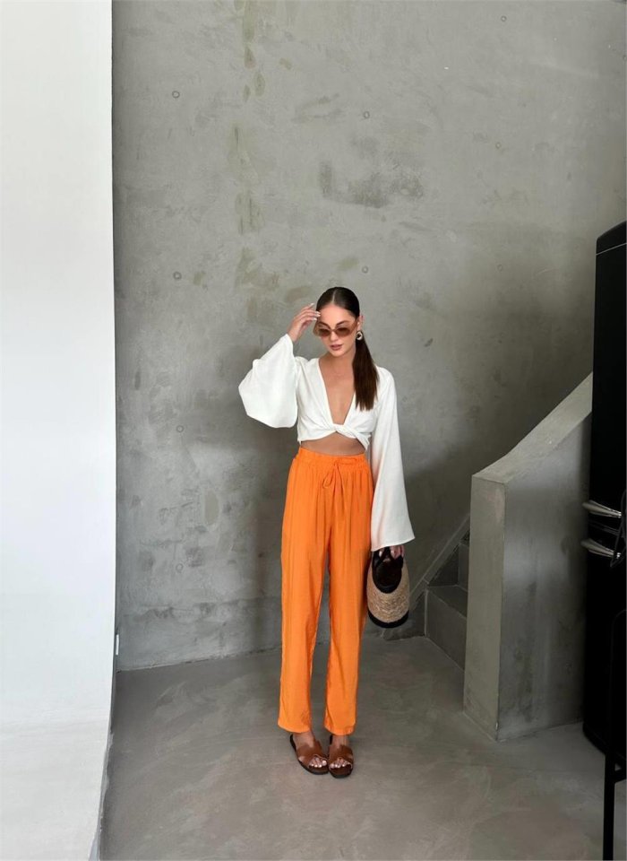 BEL LASTİK DETAYLI MODAL KUMAŞ PANTOLON - Orange