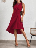 Women's Sleeveless Crew Neck Gathered Asymmetrical Hem Shimmer Crepe Dress