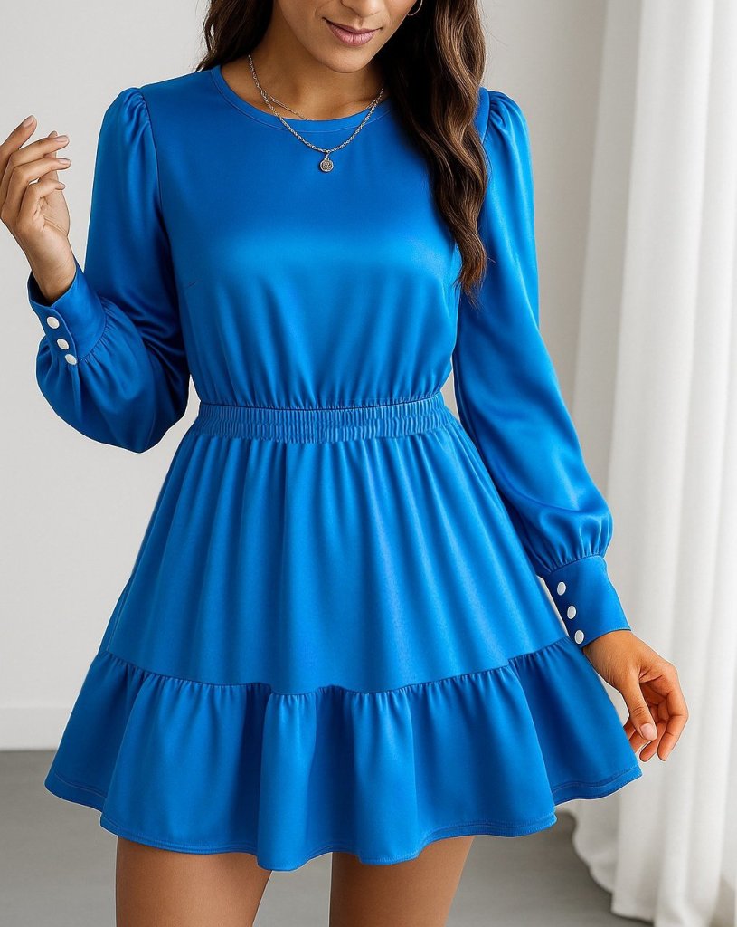 Women's Long Sleeve Crew Neck Shirred Waist Ruffled Imported Crepe Dress