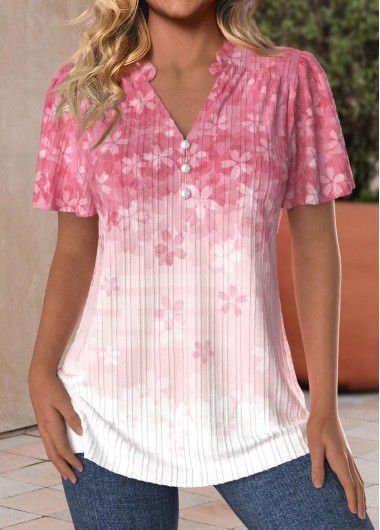 Women's Short Sleeve V-Neck Button-Down Floral Print Cotton Blouse