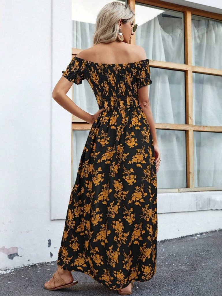 Women's Short Sleeve Madonna Neck Floral Slit Supima Dress