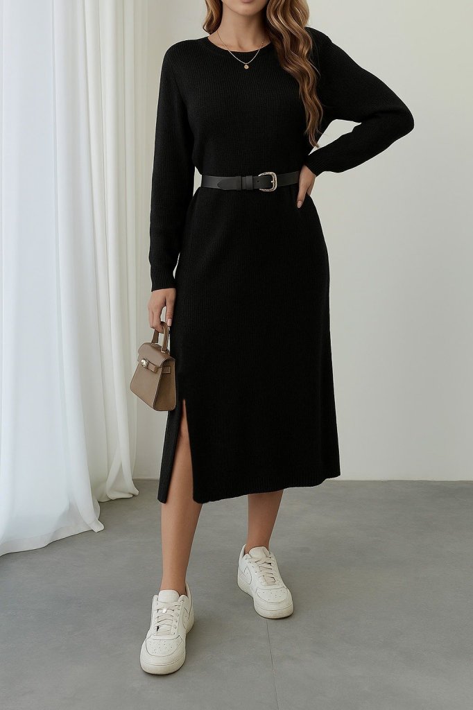 Women's Long Sleeve Crew Neck Side Slit Midi Knit Dress