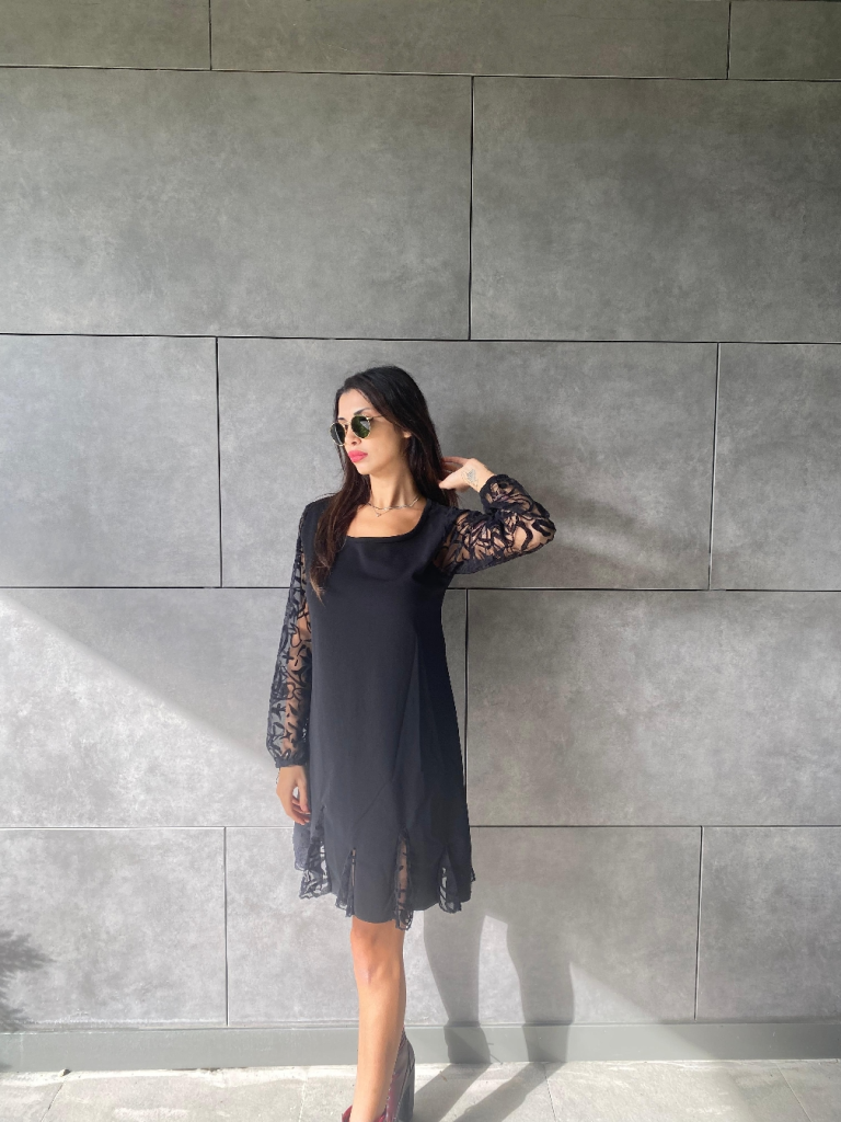 Women's Long Sleeve Round Neck Short Imported Crepe Dress with Lace Cuffs and Hem