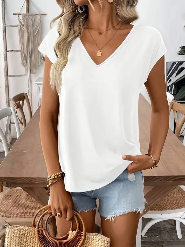 Women's Short Sleeve V-Neck Viscose Blouse with Back Ribbon Detail
