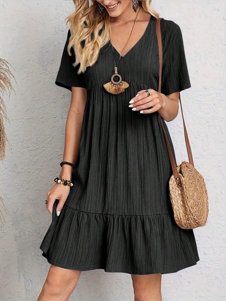 Women's Short Sleeve V-Neck Ruffle Seersucker Dress