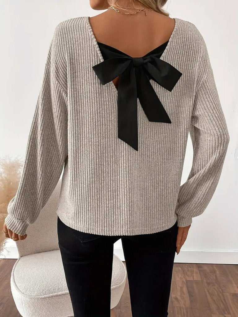 Women's Long Sleeve V-Neck Ribbed Blouse with Back Ribbon Detail