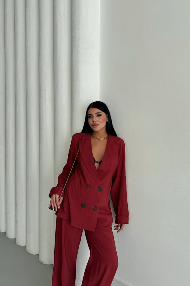 MODAL 4-BUTTON UNLINED JACKET AND TROUSERS SET - Burgundy