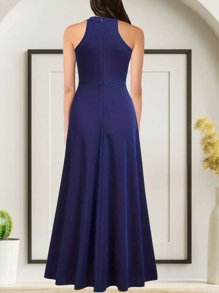 Women's Halter Neck Deep Slit Full Length Shimmer Crepe Evening Dress