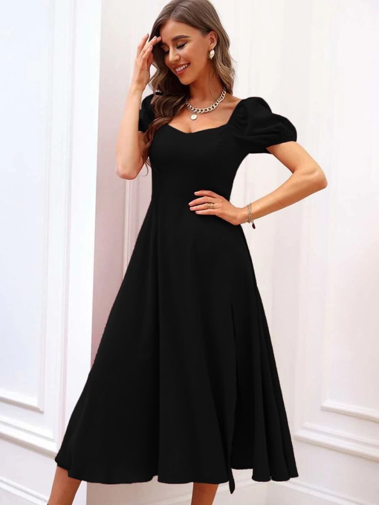 Women's Short Sleeve Square Neck Slit Midi Crepe Dress