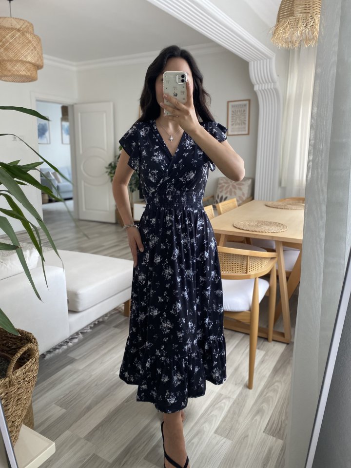 Women's Short Sleeve Wrap-Neck Elastic Waist Floral Dress
