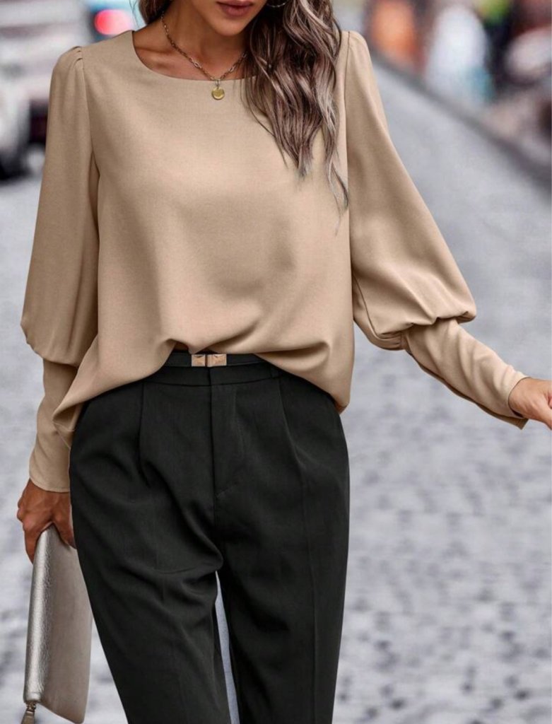 Women's Imported Crepe Blouse with Long Sleeves, Round Neck, and Buttons
