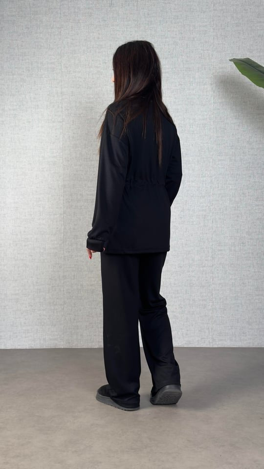 Women's Long Sleeve Collared Tunic and Pants Two-Piece Set with Gathered Detail