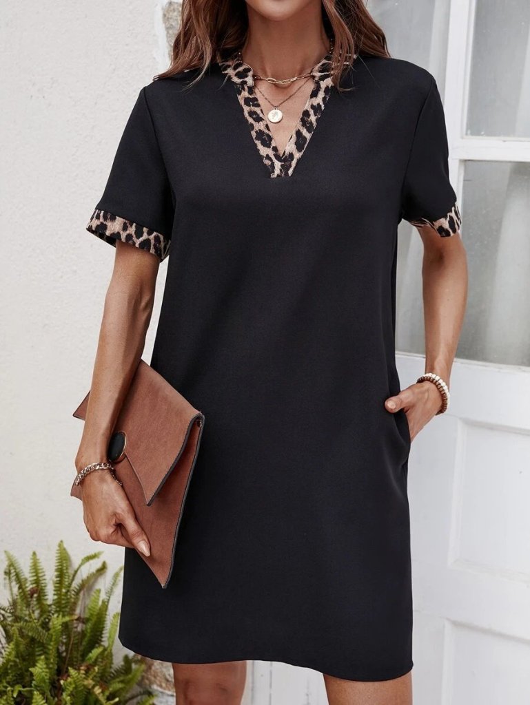 Women's Short Sleeve V-Neck Leopard Print Detail Modal Dress