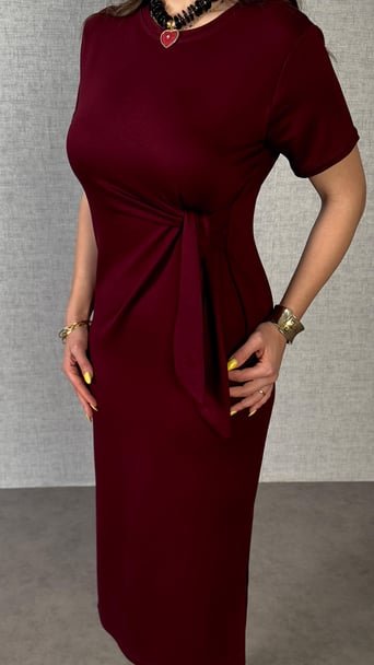 Women's Short-Sleeved Crew Neck Side Tie Viscose Two-Thread Dress