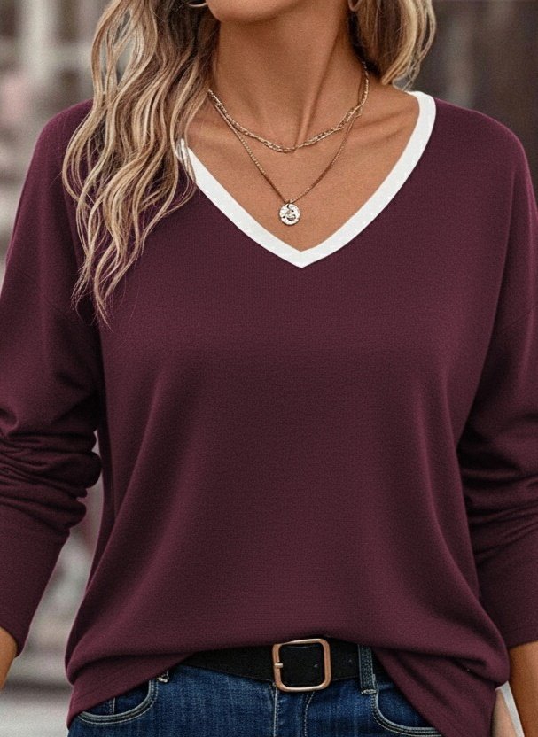 Women's Long Sleeve V-Neck Viscose Double Yarn Blouse