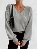 Women's Long Sleeve V-Neck Loose Brushed Rib Blouse