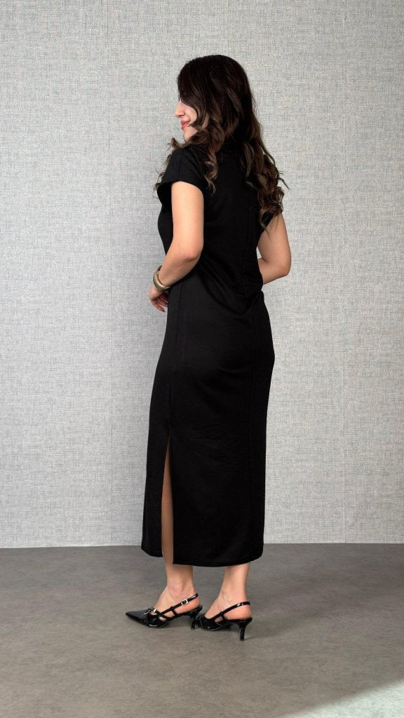 Women's Short-Sleeved Collared Side Slit Viscose Double-Thread Dress