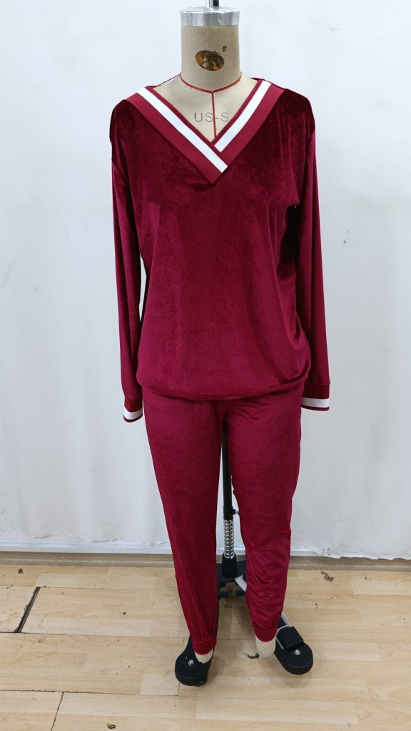 Women's Long Sleeve V-Neck Velvet Blouse and Pants Two-Piece Set