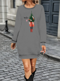 Women's Long Sleeve Crew Neck Patterned Short Viscose Double Thread Dress