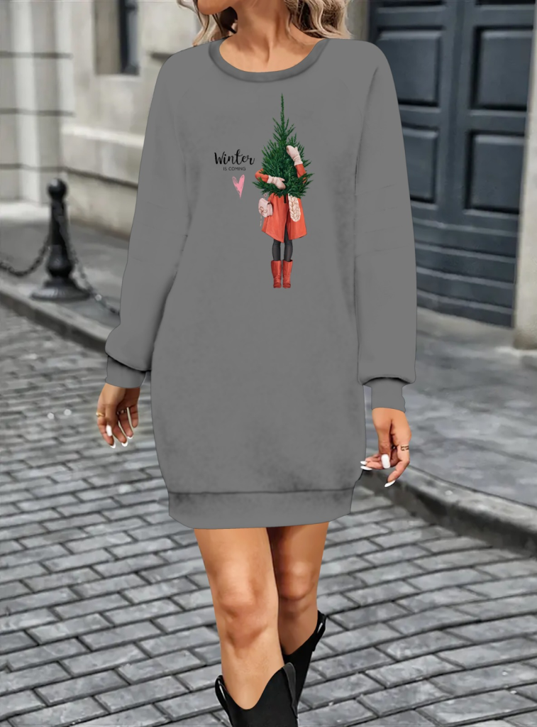 Women's Long Sleeve Crew Neck Patterned Short Viscose Double Thread Dress