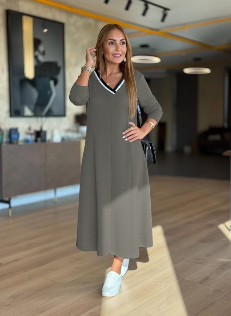 Women's Long Sleeve V-Neck Midi Chartreuse Modal Dress